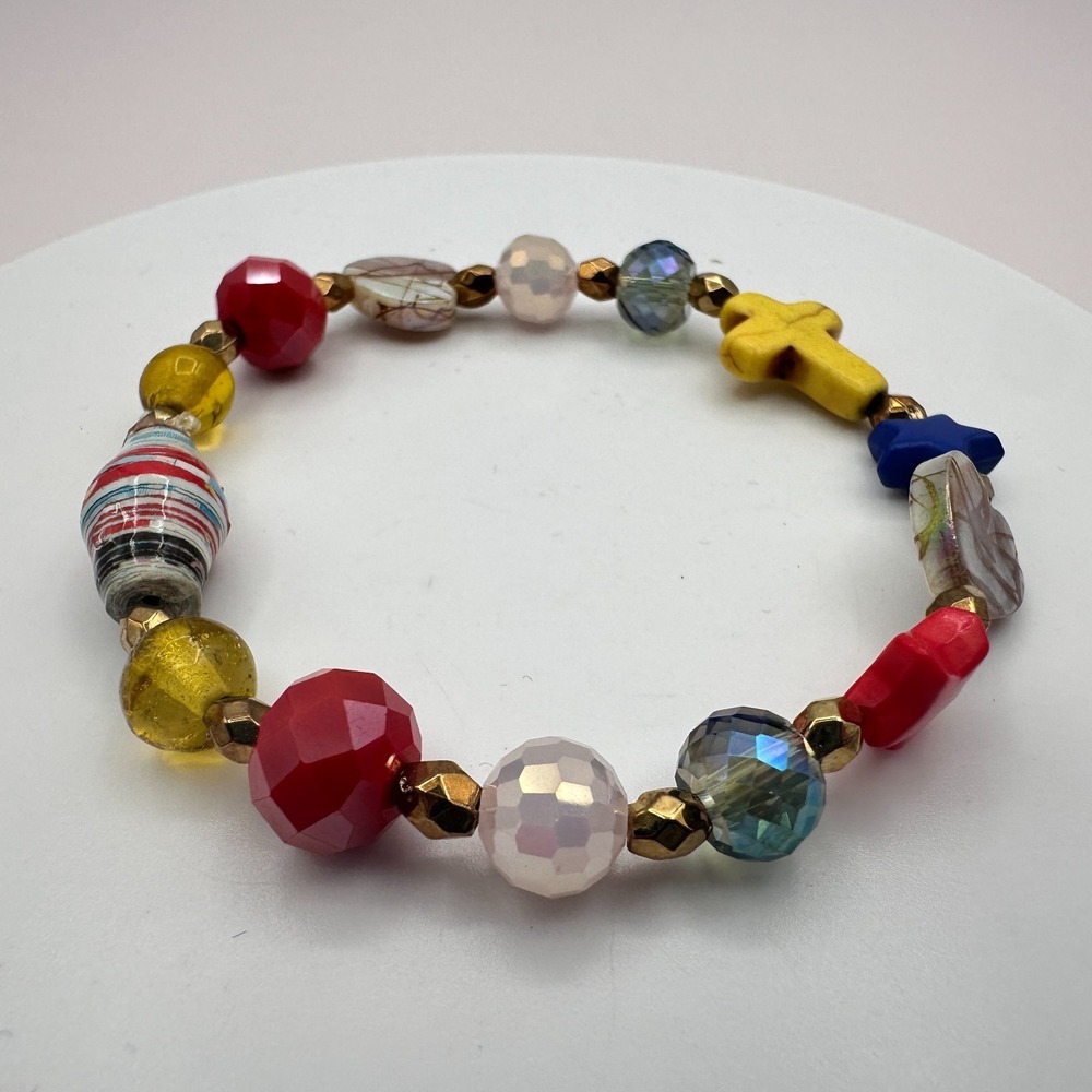 Vintage 90s Recycled Paper Artisan Cross Beaded Bracelet Boho Women's Jewelry